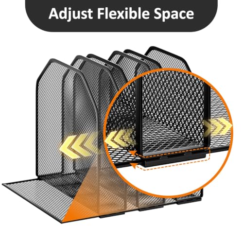 FUCDTEFC Desk File Organizer, Adjustable 5 Sections Upright Desktop Organizer File Sorter, Sturdy Metal Mesh Vertical Bookshelf File Holder Workspace Accessories for Home,School,Office Classroom,Black