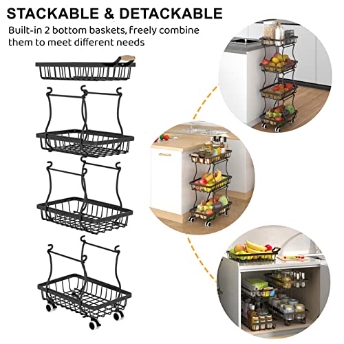 CHLORYARD 4 Tier Slim Fruit Basket for Kitchen, Stackable Metal Wire Fruit Vegetable Storage Baskets Organizer Stand on Wheels, Produce Basket Potato Onion Storage Bins Rack for Pantry. (Black)