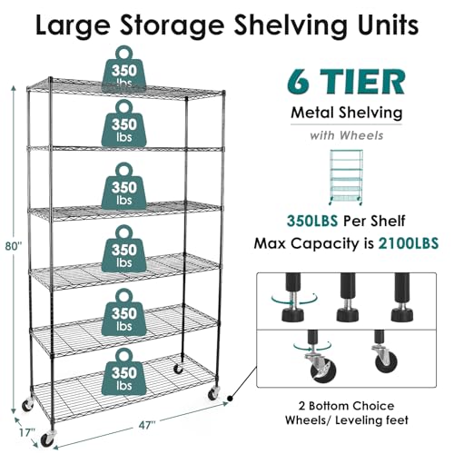 WDT 6 Tier Shelf Shelving Unit with Wheels,Adjustable Metal Shelves for Storage, NSF Black Wire Shelving Rack, 2100Lbs Capacity Heavy Duty Shelving Storage Shelves for Kitchen Garage,47" Dx17 Wx80 H - size: 6Tier 47"W x 17"D x 80"H