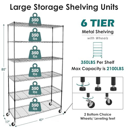 WDT 6 Tier Shelf Shelving Unit with Wheels,Adjustable Metal Shelves for Storage, NSF Black Wire Shelving Rack, 2100Lbs Capacity Heavy Duty Shelving Storage Shelves for Kitchen Garage,47" Dx17 Wx80 H - size: 6Tier 47"W x 17"D x 80"H