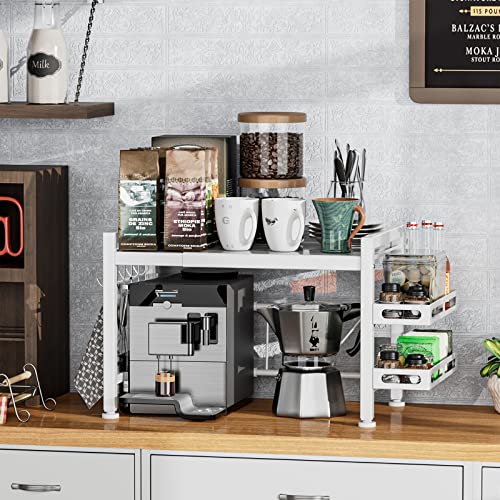 YIUKEA Over the Microwave Shelf - Adjustable Countertop Stand 2 Tier Rack (L15.723.6" xW12.8 xH17.7) with Spice Organizer and 6 Hooks for Kitchen White - color: White with Spice Rack