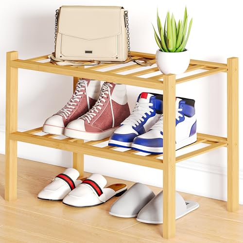 Smiry Small Bamboo Shoe Rack, 2 Tier Free Standing Wooden Shoe Organizer, Stackable Wood Shoe Storage Shelf for Closet, Entryway, 12 Vertical Slats, One-piece Standard Legs, 17.3"x11"x13", Natural - color: Natural, size: 17.32" Wide - 2 Tier - Regular