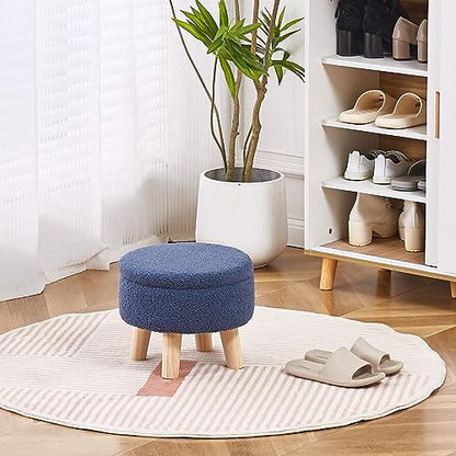 Wimarsbon Storage Ottoman, Modern Round Footrest with Soft Padded Seat, Teddy Velvet Footstool with Wood Legs, Accent Small Table or Plant Stand for Hallway, Living Room (Grey-Blue) - color: Dark Grey Blue
