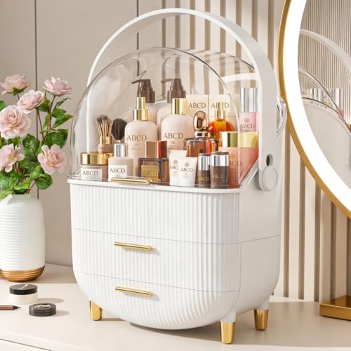 NestOrganix Makeup Organizer With Drawers for Cosmetic White | Clear lid cosmetic display case, fits bathroom & vanity, holds lipstick, mask & skincare - color: White & Gold