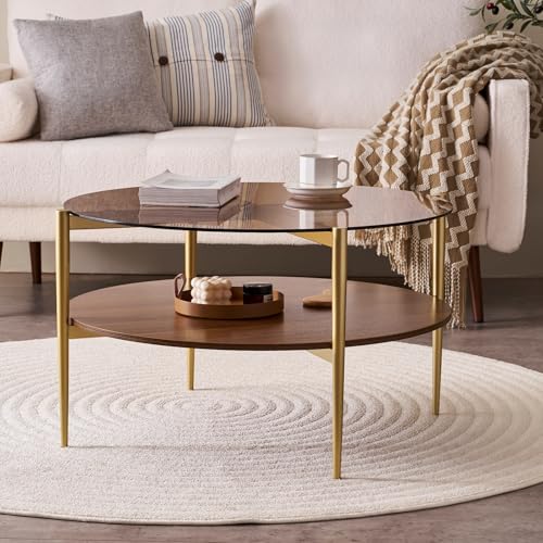 LumFurn Round Coffee Table, Mid-Century Modern Design, D30 x H17, for Living Room, 2-Tier Structure, Amber Glass Top and Walnut MDF Shelf, Sleek Conical Metal Legs with Gold Finish - color: Amber & Walnut, size: D30" Round Coffee Table