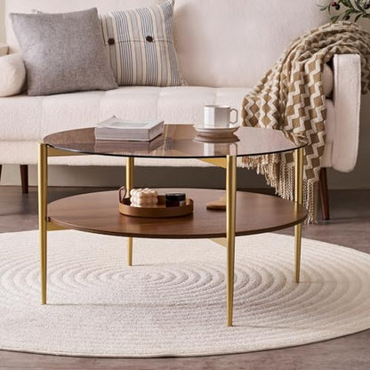 LumFurn Round Coffee Table, Mid-Century Modern Design, D30 x H17, for Living Room, 2-Tier Structure, Amber Glass Top and Walnut MDF Shelf, Sleek Conical Metal Legs with Gold Finish - color: Amber & Walnut, size: D30" Round Coffee Table