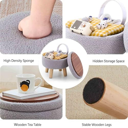 Wimarsbon Storage Ottoman, Modern Round Footrest with Soft Padded Seat, Teddy Velvet Footstool with Wood Legs, Accent Small Table or Plant Stand for Hallway, Living Room (Grey) - color: Grey