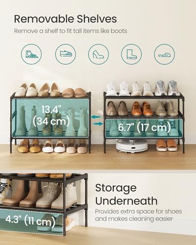 SONGMICS 3-Tier Shoe Rack for Closet, Compact Metal Shoe Organizer Shelf for Entryway, Bedroom, Small Spaces, Stackable, 11.8 x 24.5 x 19.1 Inches, Black ULSA123BH01 - size: 3 Tiers (24.5"W)