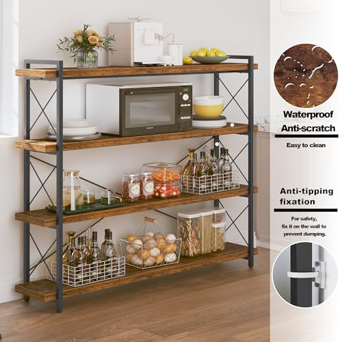HCHQHS Large Bookshelf, 4-Tier Long Industrial Bookcase, Rustic Brown Book Shelf, Freestanding Horizontal Bookshelves with Metal Frame - color: Rustic Brown, size: 4-Tier (56.7"W x 54.2"H)