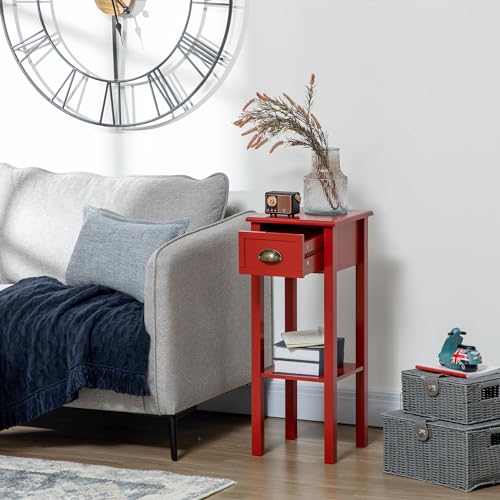 HOMCOM Narrow End Table with Drawer and Bottom Shelf Set of 1 Red | Tall Telephone Table, Skinny Modern Design, for Small Spaces, Living Room - color: Red