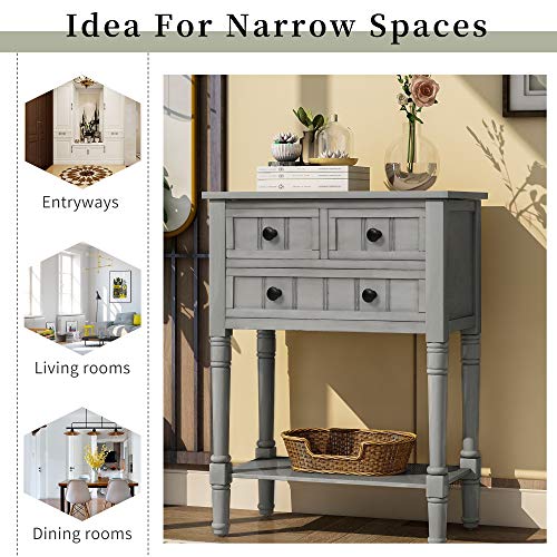 RuiSiSi Narrow Entryway Table with Three Storage Drawers, Small Console Table with Bottom Shelf for Entryway Foyer, Gray Wash