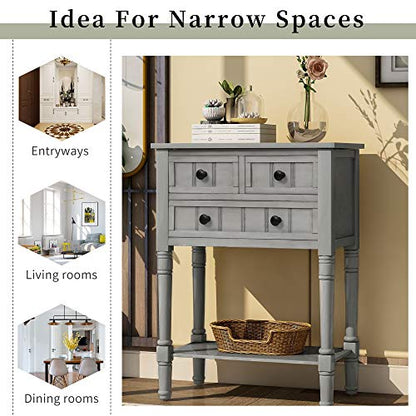 RuiSiSi Narrow Entryway Table with Three Storage Drawers, Small Console Table with Bottom Shelf for Entryway Foyer, Gray Wash