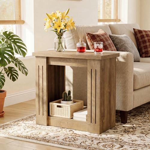 Tribesigns End Table, 2-Tier Farmhouse Skinny Side Table with Storage, Wooden Nightstand End Tables for Living Room, Bedroom, Office, Small Spaces, Brown