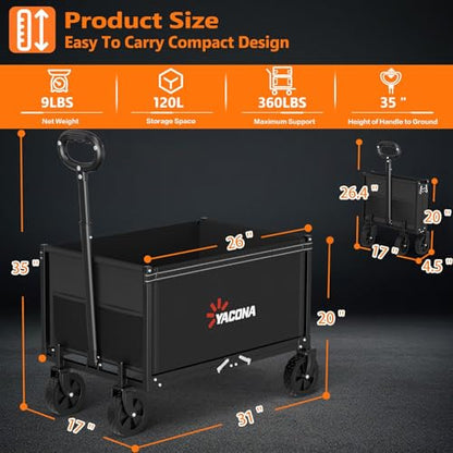 3 in 1 Wagons Carts Foldable with 360LBS Capacity, 120L Heavy Duty Collapsible Wagon, Utility Wagon Cart with Wheels for Grocery, Camping, Shopping, Beach, Garden Black