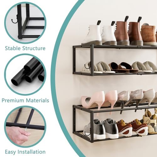 2 Pack 2-Tier Hanging Wall Mounted Shoe Rack, Space Saving Metal Expandable Shoe Rack Holds 12 Pairs, 16“-29” Adjustable Shoe Rack with 4 Hooks, Shoe Rack for Entryway Closet Door - size: 29.72" W x 11" L x 7.68" H