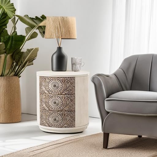COSIEST 3 Drawer Chest of Drawers, 20 inch MDF Round Storage Cabinet, Retro Whitewash Finish Nightstand, Wood Bedside Table with Drawers for Bedroom Living Room,Light Gray - color: Wood Color-round-carved
