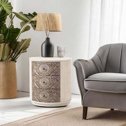 COSIEST 3 Drawer Chest of Drawers, 20 inch MDF Round Storage Cabinet, Retro Whitewash Finish Nightstand, Wood Bedside Table with Drawers for Bedroom Living Room,Light Gray - color: Wood Color-round-carved
