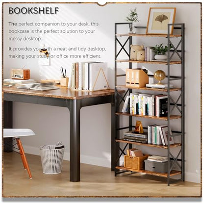 4NM 6 Tiers No Assembly Book Shelves, 61.8" H Folding Bookshelf Bookcase Open Industrial Foldable Shelves for Bedroom, Living Room, Home Office - Rustic Brown Black - color: Rustic Brown Black, size: XX 6-Tier