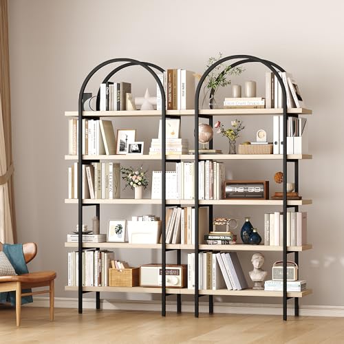 Yusong Bookshelf 5 Tier Arched Bookcase, 74" Tall Industrial Open Book Shelves for Living Room, Modern Freestanding Display Shelving Storage Rack with Metal Frame, Office, Bedroom, Natural Wood Color