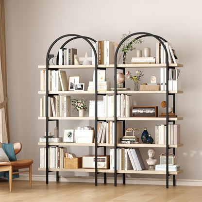 Yusong Bookshelf 5 Tier Arched Bookcase, 74" Tall Industrial Open Book Shelves for Living Room, Modern Freestanding Display Shelving Storage Rack with Metal Frame, Office, Bedroom, Natural Wood Color
