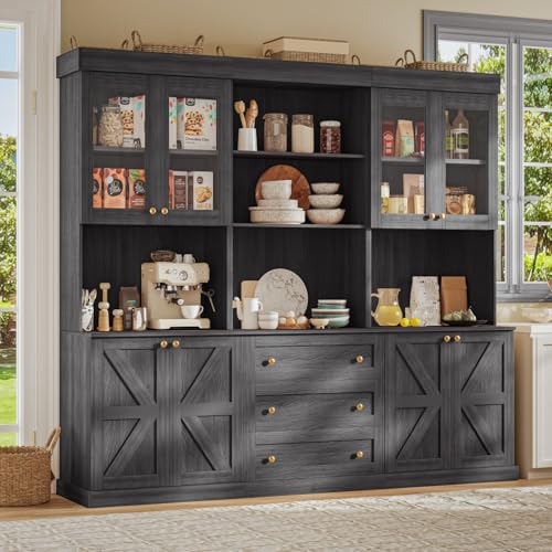 71" Tall Farmhouse Kitchen Pantry, Large Storage Cabinet with Glass Doors and Drawers, Freestanding Coffee Bar Hutch with Microwave Stand, Adjustable Shelves for Kitchen, Living Room, Black 3 Pcs - color: Black, size: 2A+B