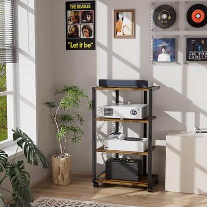 Aquzee AV Media Stand with Wheels, 4-Tier Game Console Shelf, Rolling Media Cart for Small Space, Stereo Racks and Stands, Ideal for Record Player, Game Console, DVD Player, and Projector, Wood