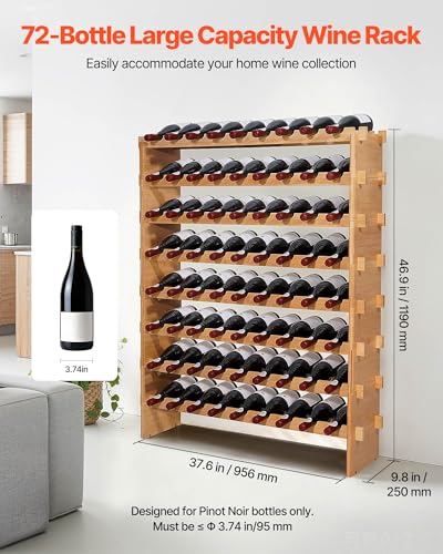 VEVOR 72 Bottle Stackable Modular Wine Rack, 8-Tier, Floor Freestanding Wine Storage Rack, Sturdy Wines Holder Display Shelf, Wobble-Free Shelves, Easy Assembly, for Kitchen, Cellar, and Bar, Natural - size: 37.6 x 9.8 x 46.9 in