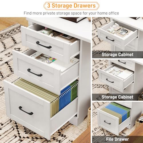 Halitaa 59” Farmhouse L Shaped Executive Desk with File Drawer, Cream White | Home Office Desk with Storage Cabinet, Wood Corner Sturdy Writing Workstation