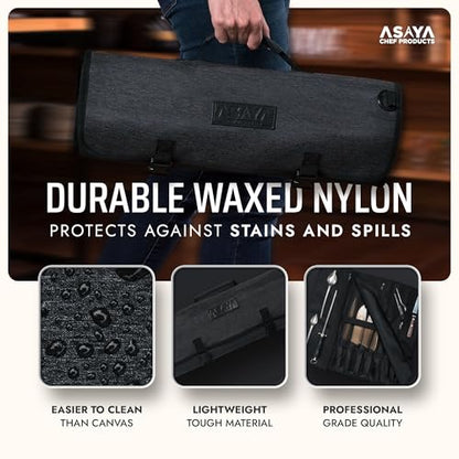 Asaya Waxed Nylon Chef Knife Roll Bag with 20 Slots and Zippered Pockets - Professional Chef Knife Bag & Storage Case, Tool Carrier with Shoulder Strap - Knives Not Included (Black) - color: Black
