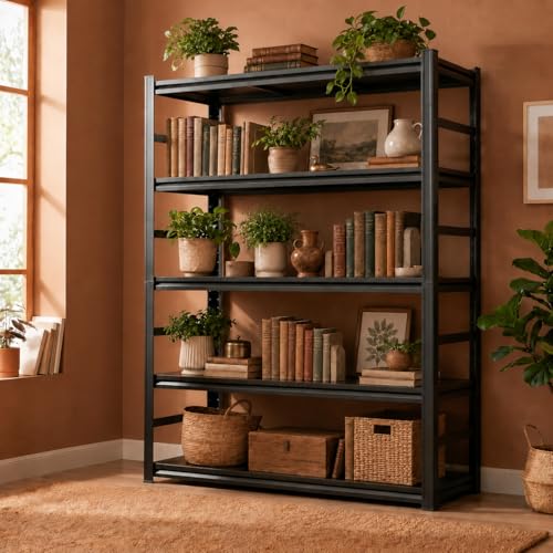 5 Tier Metal Bookshelf with Anti-Drop Fence, 72" H Adjustable Tall Bookcase, Heavy Duty 3000 LBS Modern Deep Book Shelf, Bolt-Free Storage Shelves for Living Room, Home Office, Garage - size: Upgraded-36"W x 16"D x 72"H