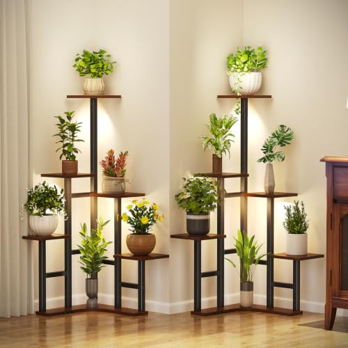 Yzosvki Corner Plant Stand Indoor with Grow Lights Set of 2, 6 Tiered Corner Plant Shelf Flower Stand for Multiple Plants, Plant Shelves Organizer Rack, Square Rustic Brown - color: Rustic Brown(with Lights), size: 6 Tier-Square-Set of 2