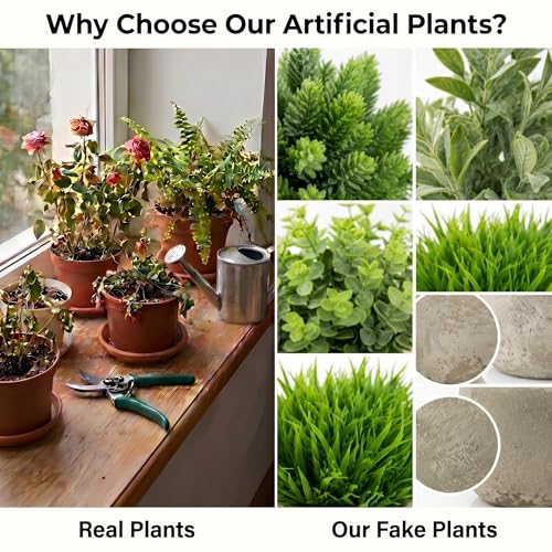 5 Pack Small Fake Plants with Cement Pots - Realistic Faux Greenery Set, No Watering Low Maintenance, UV Resistant Artificial Plants for Shelf Office Bathroom Desk Decor, Indoor & Outdoor