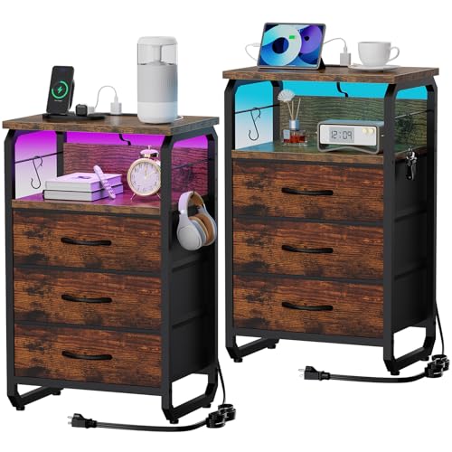 runjuly Night Stand Set 2, Nightstand with LED Lights and Fabric Drawers, Matching End Tables with Charging Station USB C Port, Bedside Tables with Hooks for Bedroom, Rustic Brown - color: Rustic Brown, style: Larger+Taller Set of 2