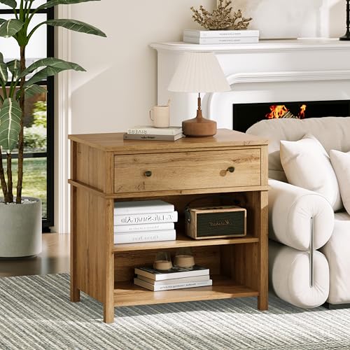 End Table with Drawer and 2 Tier Shelves, Wood Sofa Side Table for Living Room, Modern Nightstand Bedside Table for Bedroom, Small Console Table for Entryway, Hallway, Natural - color: Natural