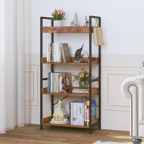 HCHQHS 4 Tier Bookshelf, Adjustable Industrial Bookcase, Vertical Tall Book Shelf, Wood and Black Metal Open Bookshelves for Home Office, Living Room, Bedroom - color: Rustic Brown, size: 4-Tier (24"W x 44"H)