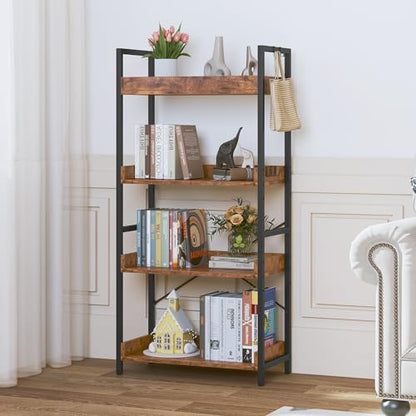 HCHQHS 4 Tier Bookshelf, Adjustable Industrial Bookcase, Vertical Tall Book Shelf, Wood and Black Metal Open Bookshelves for Home Office, Living Room, Bedroom - color: Rustic Brown, size: 4-Tier (24"W x 44"H)
