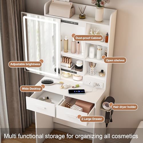 Small Vanity Desk Set with Lighted Mirror and Stool, Compact Makeup Table Set with Light - 3 Color Models, Dressing Makeup Table with Hair Dryer Rack & Power Strip & 2 Drawers for Bedroom Apartment