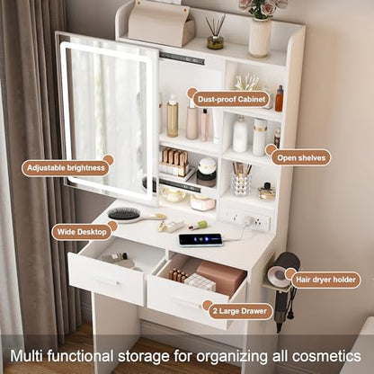 Small Vanity Desk Set with Lighted Mirror and Stool, Compact Makeup Table Set with Light - 3 Color Models, Dressing Makeup Table with Hair Dryer Rack & Power Strip & 2 Drawers for Bedroom Apartment