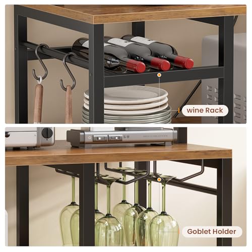 Itaar Bakers Rack with Power Outlet and LED Light, 47.2'' Microwave Stand with Storage, Kitchen Coffee Bar Cabinet with Glass Door, 4 Drawer, Wine Rack, Goblet Holder and 12 Hooks, Rustic Brown - color: Rustic Brown