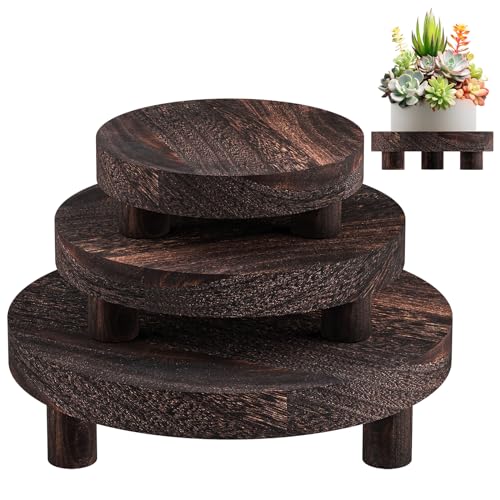 3 Pcs Wood Plant Stand Indoor Outdoor, Round Wood Riser for Decor 6/8/10" Wooden Stool Display Stand Flower Pot Holder Small Planter Tray Modern Potter Decorative for Desktop Counter Room - color: Rustic Brown