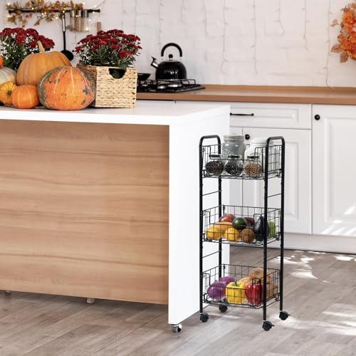 MyGift 3-Tier Rolling Metal Wire Fruit and Vegetable Basket Cart – Industrial Matte Black Kitchen Produce Storage Rack Stand with Wheels for Pantry and Countertop Organization