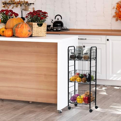 MyGift 3-Tier Rolling Metal Wire Fruit and Vegetable Basket Cart – Industrial Matte Black Kitchen Produce Storage Rack Stand with Wheels for Pantry and Countertop Organization
