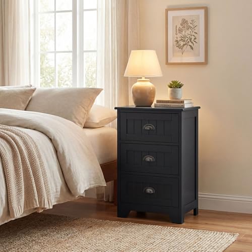 Giantex Nightstand with 3 Drawers, Bedside Table with Exquisite Metal Handles, Accent Table Sofa Side Table with Anti-toppling Device for Bedroom, Study, Black - color: Black