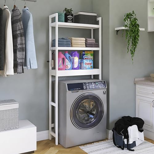 SMIBUY Bathroom Storage Shelf, Bamboo Over-The-Toilet Organizer Rack, Freestanding Toilet Space Saver with 3-Tier Adjustable Shelves (White) - color: White