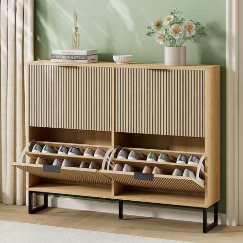 Shoe Cabinet Storage with 4 Flip Drawers, Narrow Hidden Shoe Organizer Cabinet for Entryway, Modern Freestanding Slim Shoe Rack Organizer Shoe Cupboard for Hallway, Natural Wood - size: 4 Flip Drawers