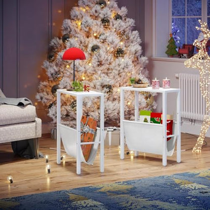 Narrow Side Table with Charging Station, Skinny Nightstand with USB Ports & Outlet, Slim Sofa Side Table with Storage Bag, Small End Table for Small Spaces, Living Room, Bedroom, White - color: White