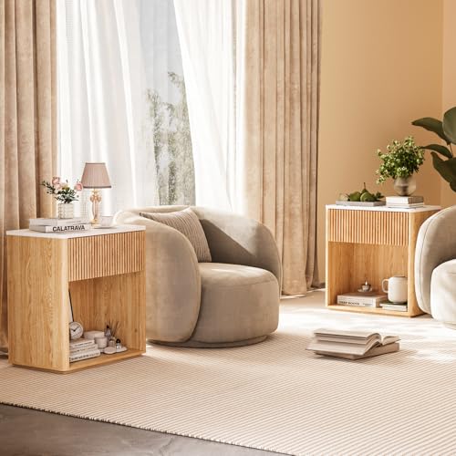 Modern Fluted Nightstand Set of 2 for Bedroom, Mid Century Bedside Table Set with Marble Top & Drawer, Wood End Table, 2 Farmhouse Night Stands for Guest Room, Hallway, Oak - color: Oak