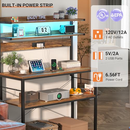 Aheaplus Bakers Rack with Power Outlet, Microwave Stand, 5 Tiers Coffee Bar Station with Led Lights, Kitchen Storage Shelf with 6 S-shaped Hooks, Kitchen Rack Coffee Bar Stand, Rustic Brown - color: Rustic Brown, size: 31.5 inch