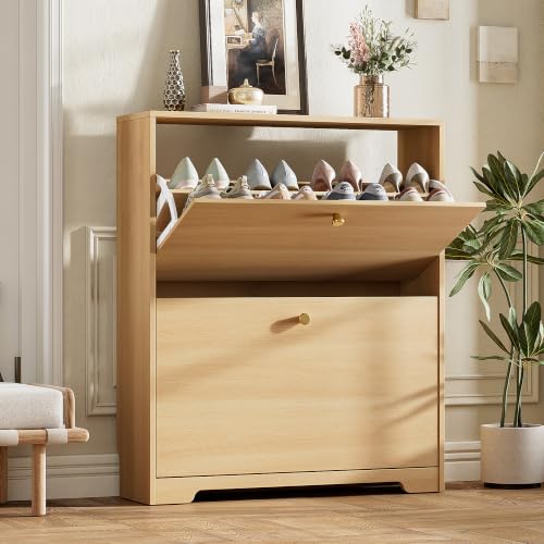 Nicetree Shoe Storage Cabinet with 2 Flip Drawers, Slim Shoe Cabinet, Hidden Shoe Rack Cabinet, Shoe Storage Cabinet for Entryway, Hallway, Foyer, Natural Oak - color: Natural Oak, style: 2-Drawers