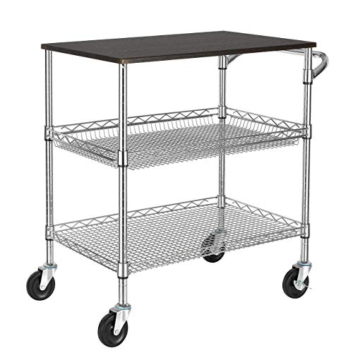 Finnhomy 3 Tier Heavy Duty Commercial Grade Utility Cart with Wood Top, Wire Rolling Cart with Handle Bar, Steel Service Cart with Wheels, Utility Shelf Food Storage Trolley, NSF Listed - style: 33“H Chrome